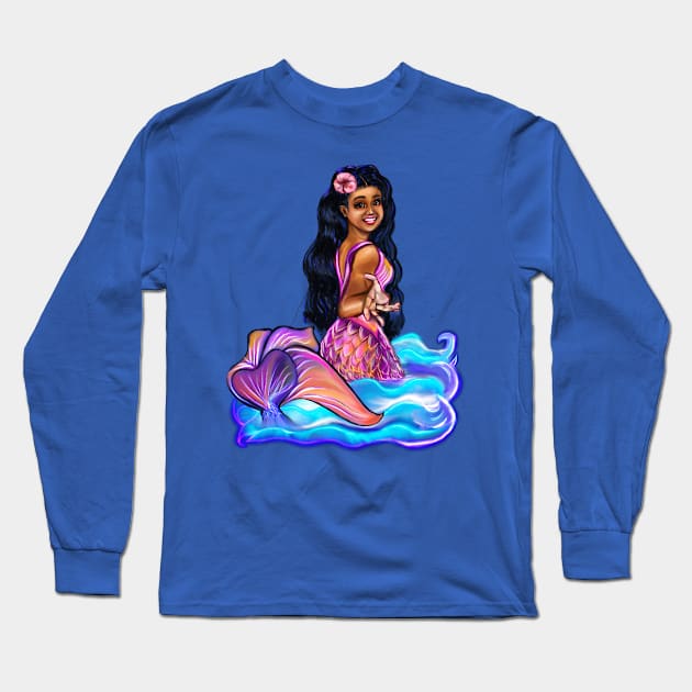 Mermaid Pacific princess  with rainbow coloured colored fins, hibiscus, outstretched  arm, brown eyes, Curly hair  and caramel brown skin - light background Long Sleeve T-Shirt by Artonmytee